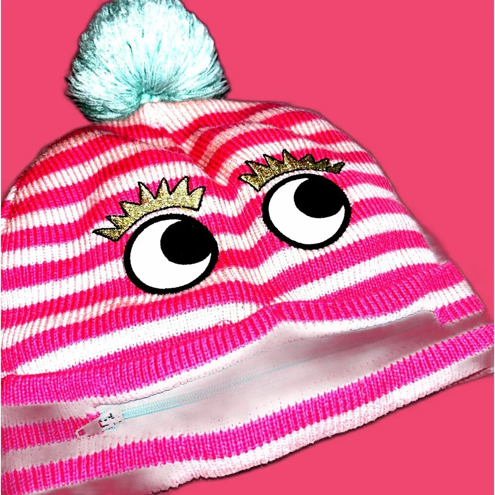 Girl’s Pink and White Striped Beanie with Face Graphic and Zippered Mouth